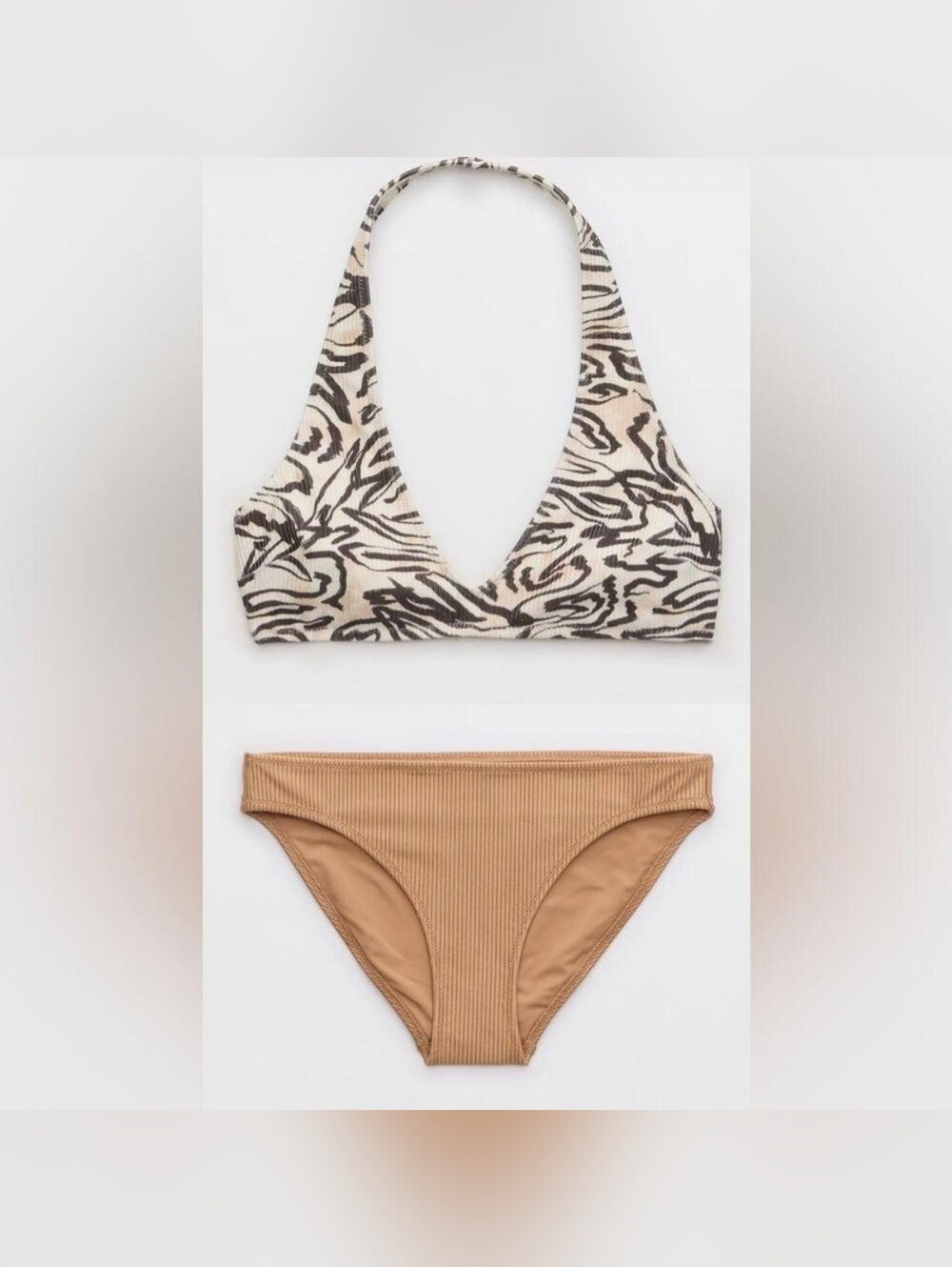 Aerie White and Tan Textured Ribbed Bikini Set